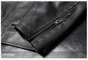 Detailed close-up of a men's faux leather jacket sleeve with a silver zipper and pebble texture