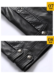 Detailed macro view of the stitching and metal rivet accents on this men's PU leather jacket