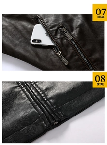 Detail of metal zipper pocket on faux leather jacket and reinforced stitching textures