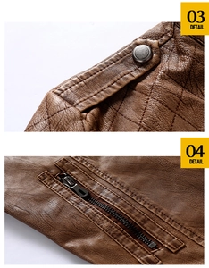 Close-up of brown PU leather jacket with quilted pattern, shoulder epaulet and zipper pocket