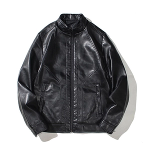 Veste en Cuir PU pour Hommes Col Montant Minimaliste Décontracté Manteau Moto Biker Coupe Slim Automne Coupe-vent Outwear Noir