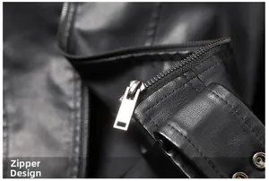Close-up of premium metal zipper detail on men's black PU leather biker jacket