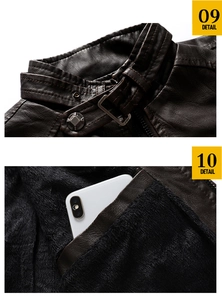 Detail of dark brown leather jacket collar with buckle and warm fleece lining with pocket