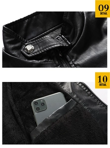 Detail of men's leather jacket with stand collar, metal snaps and warm fleece lining