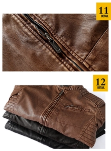 Close-up of metal zipper and quilted shoulder stitching on men's faux leather jacket