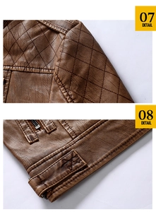 Detail view of men's leather jacket featuring diamond quilted shoulders and metal zippers