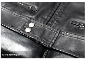 Detail view of the men's black PU leather biker jacket featuring a metal zipper and hem snap
