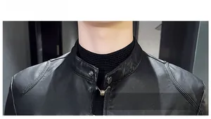 Detailed view of motorcycle PU leather jacket showing the stand collar and metal zipper