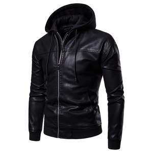 Men PU Leather Moto Jacket With Detachable Hood Casual Biker Style Zipper Pocket Outerwear For Autumn Winter
