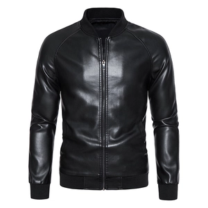 Classic men's black PU leather motorcycle jacket with stand collar and ribbed cuffs