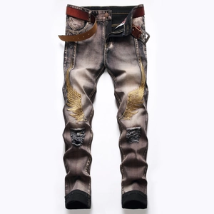 Men's Vintage Distressed Jeans Wing Embroidery Streetwear Denim Pants Retro Washed Straight Ripped Trousers With Rivets Decor