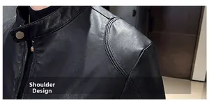 Detail of men's black PU leather jacket shoulder with stand collar and metallic snap button