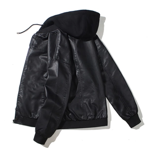 Men's black casual faux leather biker jacket with knit hood in a flat lay view