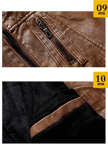 Close-up of brown PU leather jacket featuring metallic zipper pockets and warm fleece lining