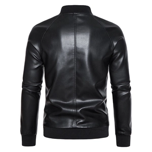 Back view of men's black PU leather biker jacket with ribbed collar and bomber silhouette