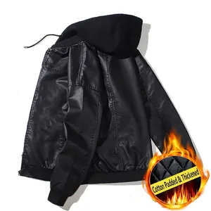 Men's black hooded PU leather biker jacket with padded diamond-quilted lining