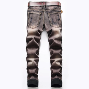 Men's retro brown-grey distressed jeans with wing embroidery and premium leather belt