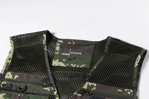 Detailed macro view of camo mesh vest featuring metal zipper and D-ring attachment