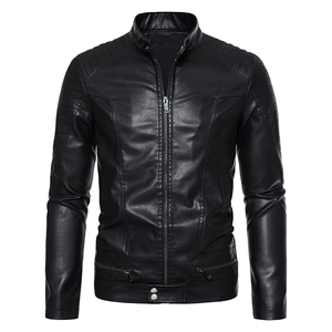 Men's PU Leather Jacket Stand Collar Motorcycle Biker Faux Leather Coat Quilted Shoulder Zip Up Outerwear For Men Casual