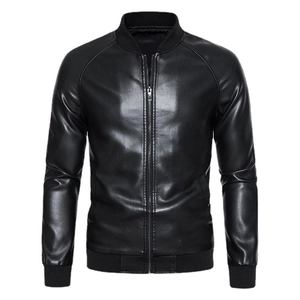 Men's black motorcycle faux leather jacket with ribbed collar and casual slim fit design