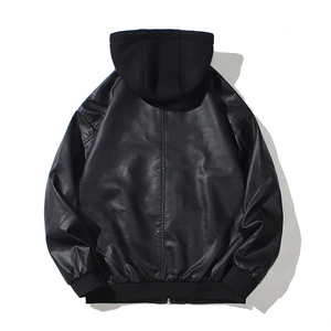 Men's casual black hooded PU leather jacket featuring a stylish back view and ribbed hem