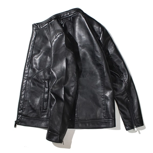 Veste de motard minimaliste en cuir PU noir pour hommes avec col montant et fermeture éclair