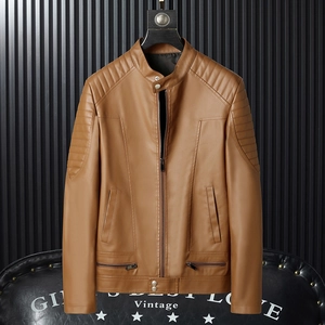 Men's brown stand-collar PU leather biker jacket with quilted shoulder detail and zippers