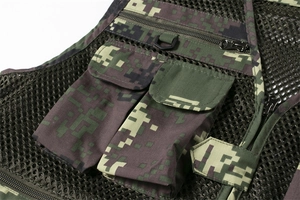Macro detail of men's fishing vest with digital camouflage patterns and breathable mesh