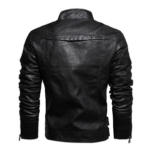 Men's slim fit black PU leather motorcycle jacket with stand collar and back stitching