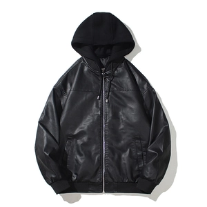 Men's black faux leather motorcycle jacket with casual knit hood and ribbed cuffs