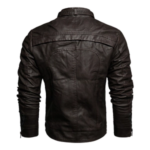 Back view of men's vintage dark brown faux leather jacket with stand collar and stitching