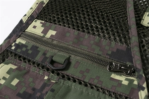 Detail of digital camouflage outdoor vest featuring mesh fabric and metal zipper pocket