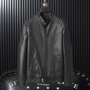 Men's black faux leather motorcycle jacket with stand collar and quilted shoulder detailing