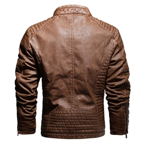 Men's brown PU leather motorcycle jacket with stand collar and quilted back details