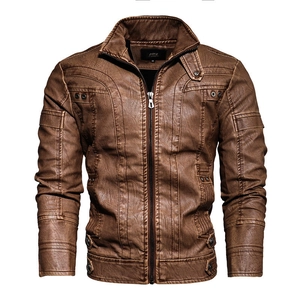 Men's brown PU leather jacket with quilted moto stitching and stand collar design