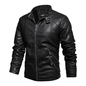 Men's retro black PU leather motor jacket with stand collar and diamond quilted details