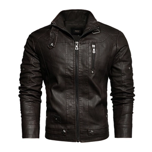 Men's vintage brown PU leather motorcycle jacket with stand collar and zipper pockets