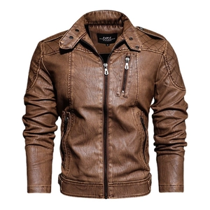 Men Retro PU Leather Motorcycle Jacket Quilted Shoulder Stand Collar Slim Fit Faux Leather Biker Outerwear Coat For Autumn Casual