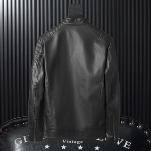 Men's black faux leather motorcycle jacket with stand collar and ribbed back detail