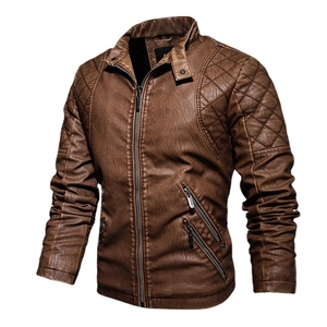 Men's retro stand collar PU leather biker jacket in dark brown with quilted shoulders