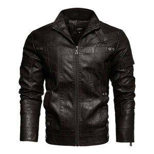 Dark brown men's vintage PU leather motorcycle jacket with stand collar and zip details