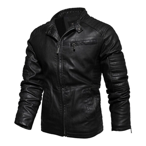 Men's slim fit black PU leather motorcycle jacket with stand collar and quilted detailing
