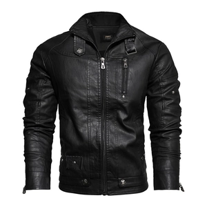 Men's vintage black PU leather motorcycle jacket with stand collar and quilted detailing