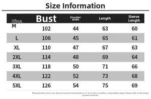 Size chart for men casual PU leather jacket ranging from size M to 5XL with measurements