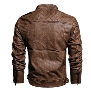 Men's dark brown PU leather motorcycle jacket with stand collar and quilted shoulders