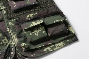 Detailed close-up of digital camo tactical vest featuring mesh fabric and metal zippers