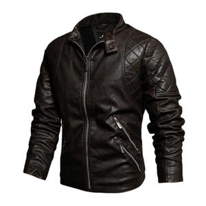 Men's dark brown retro PU leather motorcycle jacket with quilted shoulders and stand collar