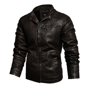 Men's dark brown PU leather motorcycle jacket with stand collar and quilted shoulder details