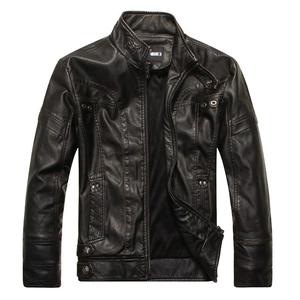 Men's retro PU leather motorcycle jacket with stand collar and detailed stitching