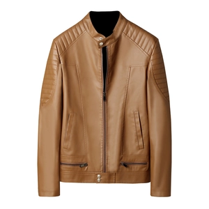 Men's tan stand collar PU leather biker jacket with quilted shoulders and zipper detail